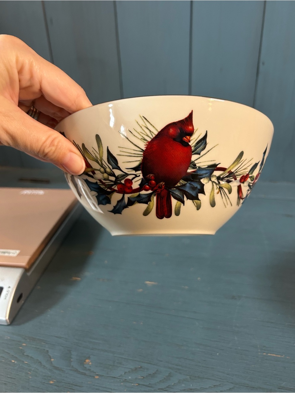 Lenox Winter Greetings Cream Ceramic Bowl with Red Cardinal Motif & Gold Trim